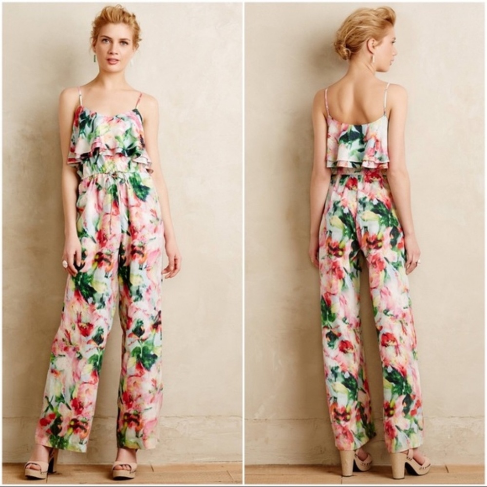 Fleur Wood Ikebana Watercolor Silk Jumpsuit - M